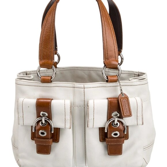 COA Coach Classic Soho White/Brown Leather Double Pocket Carry All Handbag - Picture 1 of 16